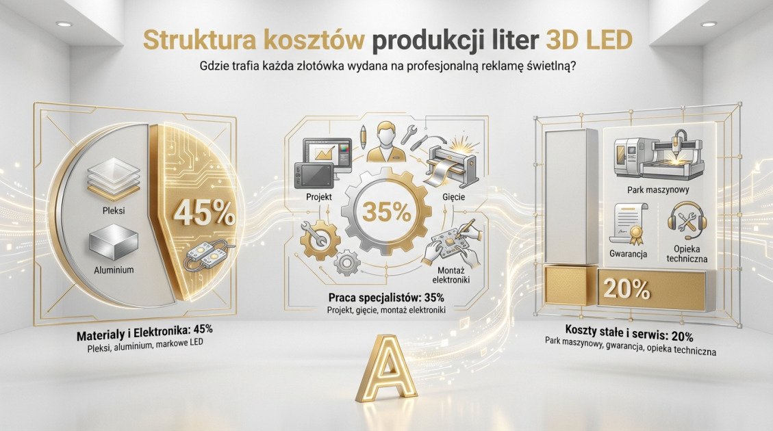 Litery 3D LED podświetlane cena – poradnik i cennik 2026 1 Struktura kosztów produkcji liter 3D LED