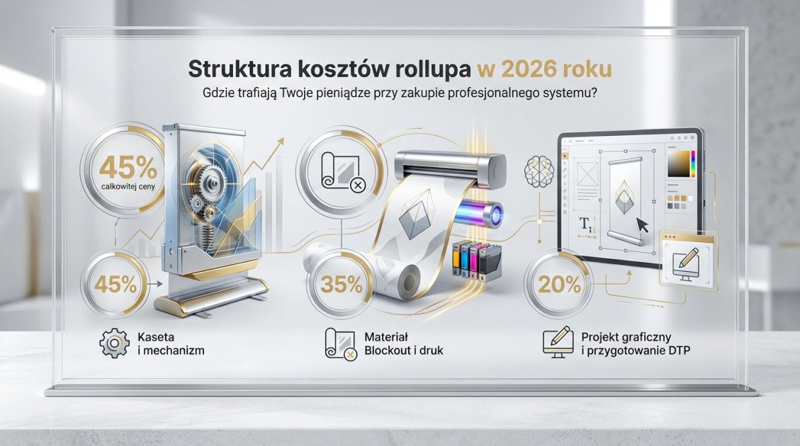 Rollup reklamowy cena druk – ile zapłacisz w 2026 roku? 1 Struktura kosztów rollupa w 2026 roku