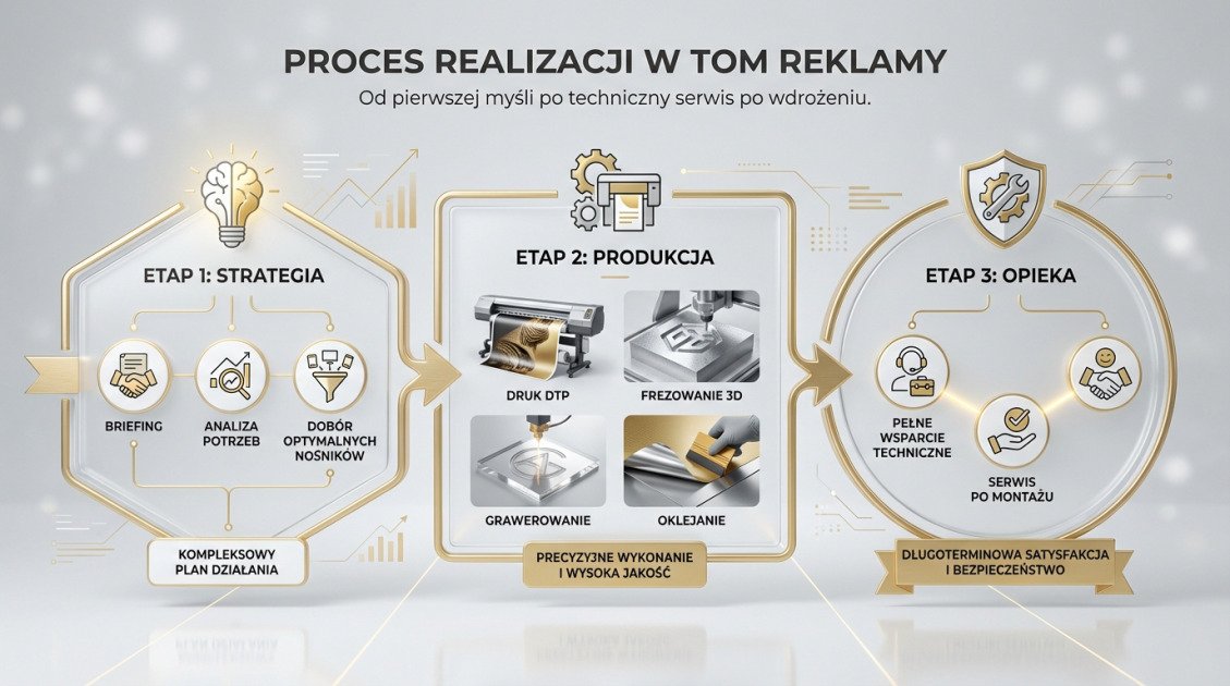 Firma reklamowa w 2026: Jak wybrać partnera od projektu po 3D? 1 Proces Realizacji w TOM REKLAMY