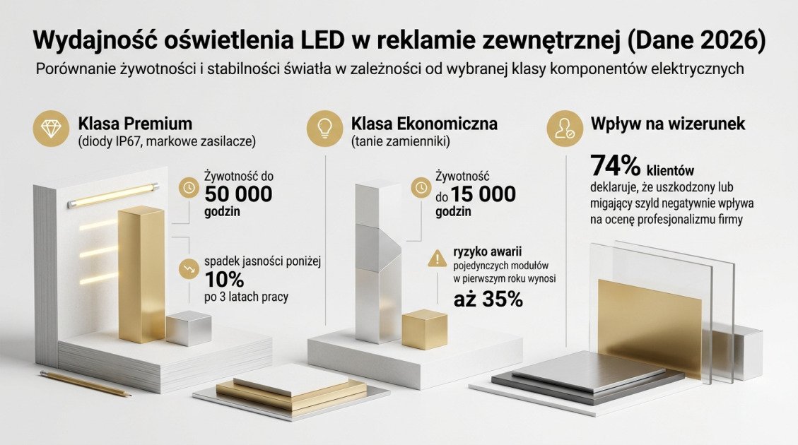 Litery przestrzenne LED cennik Kielce: Koszt reklamy 3D 2 Wydajność oświetlenia LED w reklamie zewnętrznej (Dane 2026)