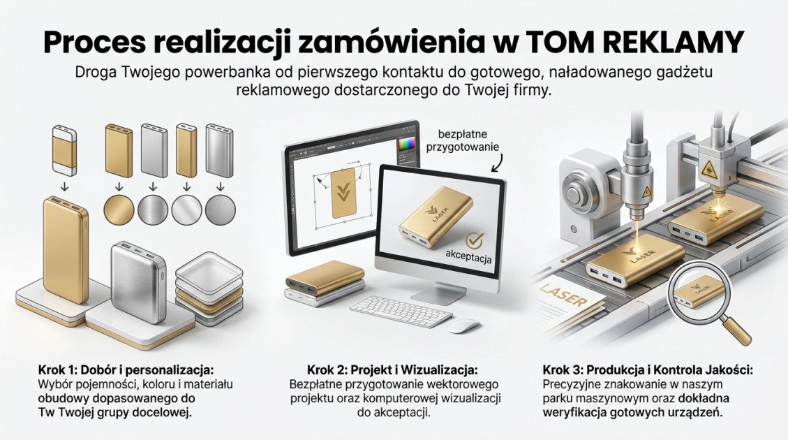 Powerbank z logo firmy Kielce – mobilny nośnik reklamy 1 Proces realizacji zamówienia w TOM REKLAMY
