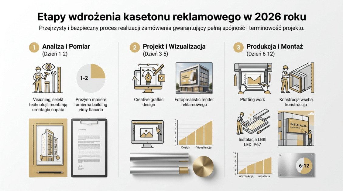 Montaż kasetonów reklamowych Kielce – TOM REKLAMY 1 Etapy wdrożenia kasetonu reklamowego w 2026 roku
