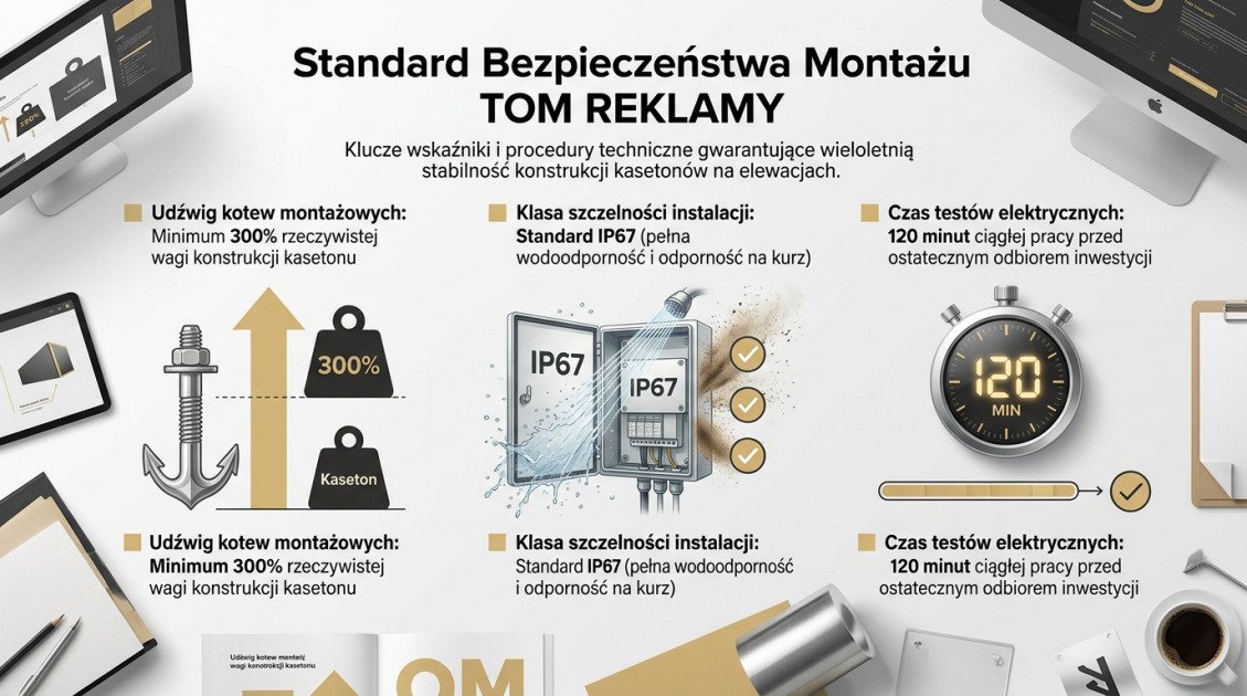Kasetony reklamowe jednostronne Kielce - TOM REKLAMY 1 Standard Bezpieczeństwa Montażu TOM REKLAMY