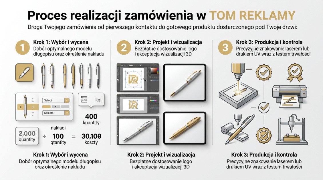 Długopisy reklamowe z nadrukiem Kielce – skuteczna promocja 1 Proces realizacji zamówienia w TOM REKLAMY