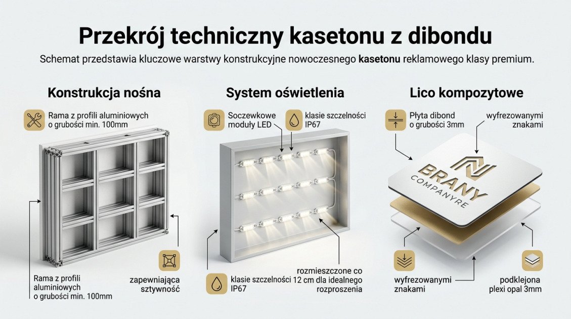 Montaż kasetonów reklamowych Kielce – wyróżnij swoją firmę 1 Przekrój techniczny kasetonu z dibondu
