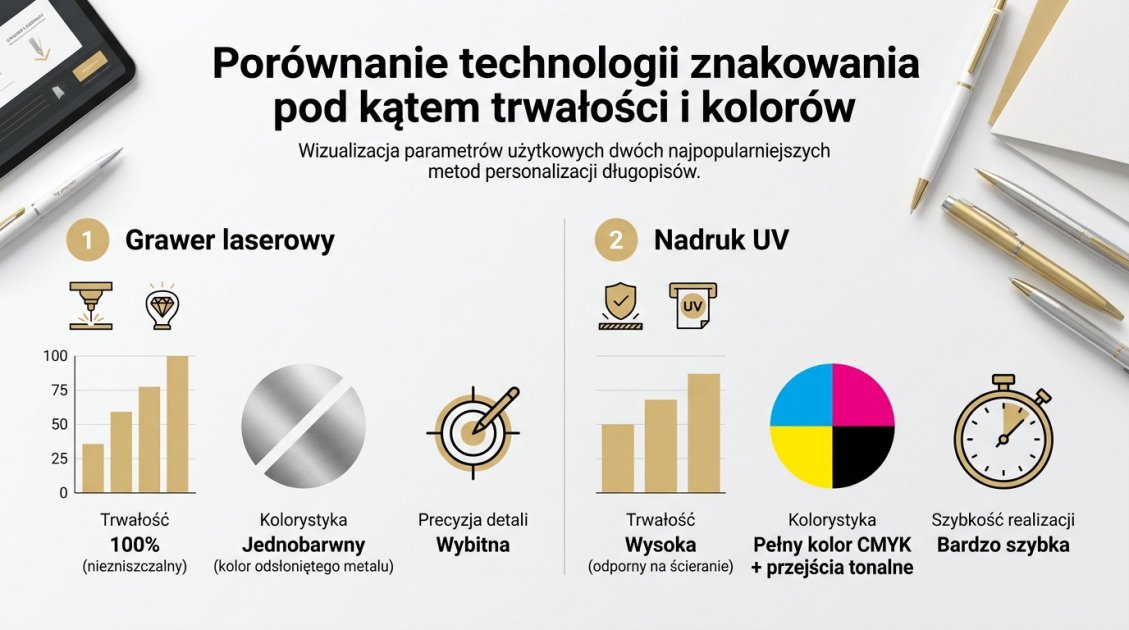 Długopisy reklamowe z nadrukiem Kielce: Przewodnik 2026 1 Porównanie technologii znakowania pod kątem trwałości i kolorów